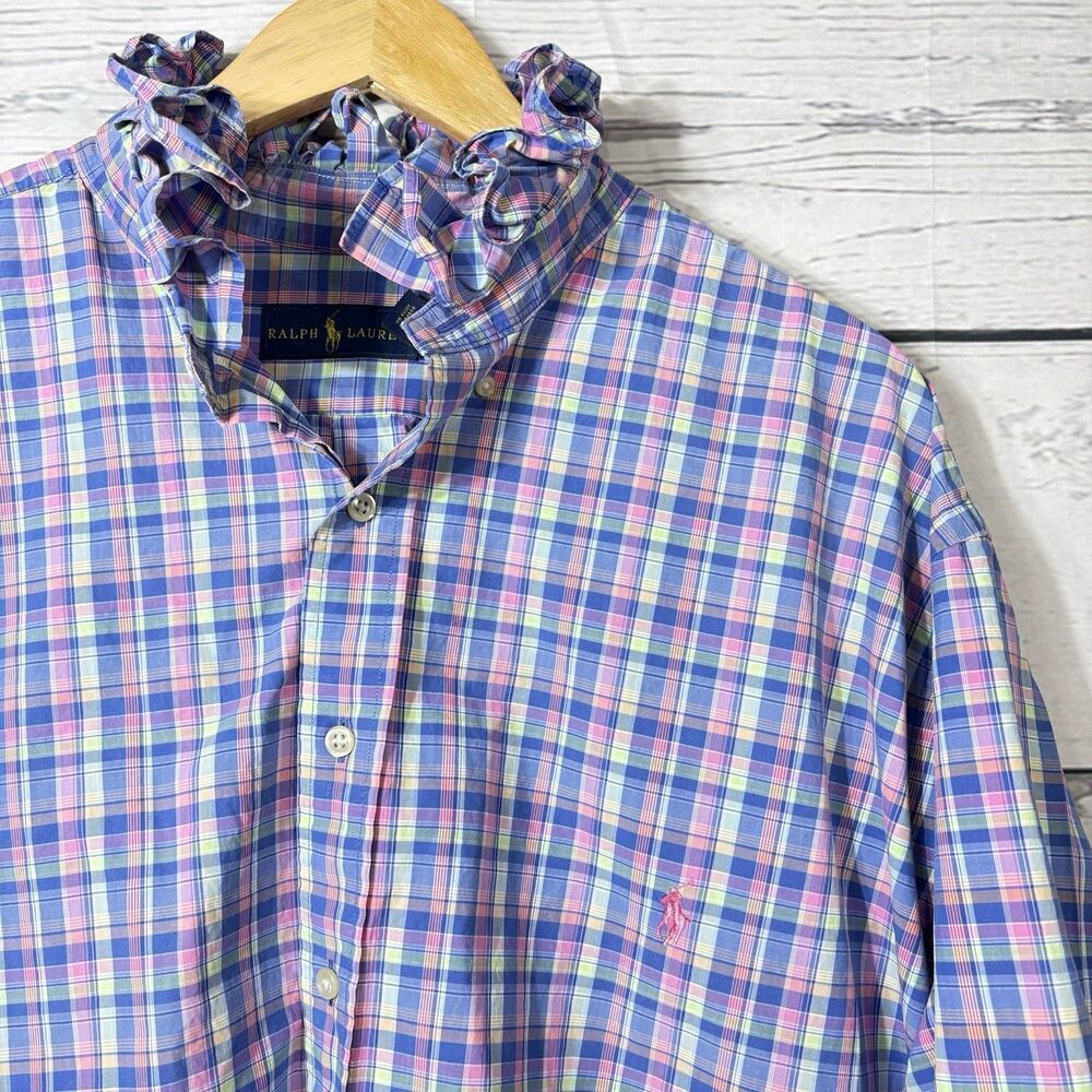 Upcycled Re-worked Ralph Lauren Ruffle Collar 2XL Pastel Plaid Plus Size Pony